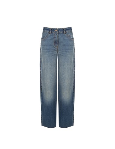 Jeans wide leg com tachas e cristais nas laterais Rinascimento