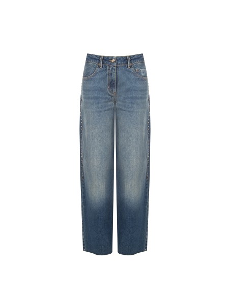 Jeans wide leg com tachas e cristais nas laterais Rinascimento