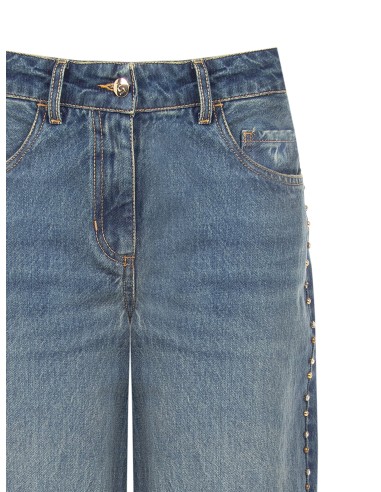 Jeans Wide Leg com tachas e cristais nas laterais Rinascimento