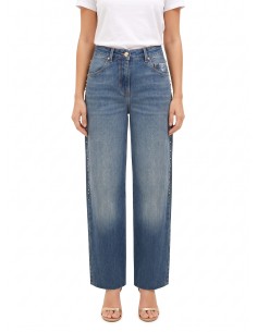 Jeans Wide Leg com tachas e cristais nas laterais Rinascimento