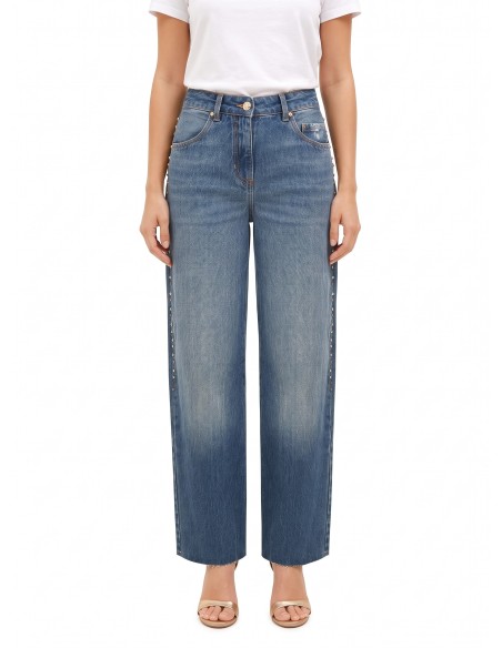 Jeans Wide Leg com tachas e cristais nas laterais Rinascimento