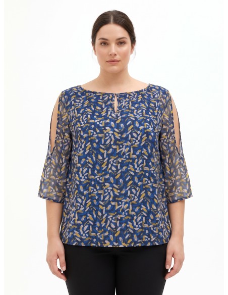 Blusa Fluida Curvy em Georgette com Decote em Gota, Ombros Descobertos e Detalhes em Lurex Rinascimento Curvy