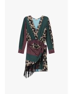Vestido curto com estampado patchwork e franjas laterais Dixie