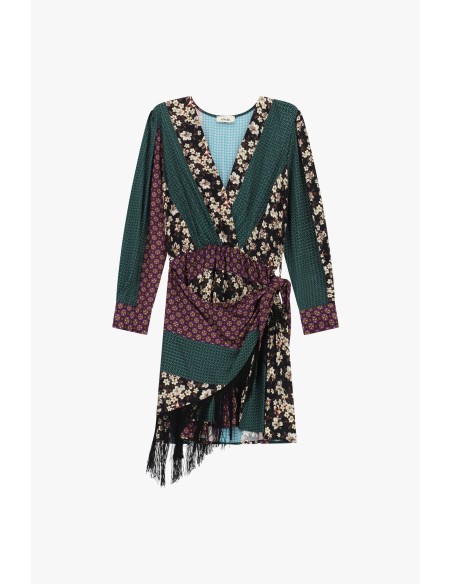 Vestido curto com estampado patchwork e franjas laterais Dixie