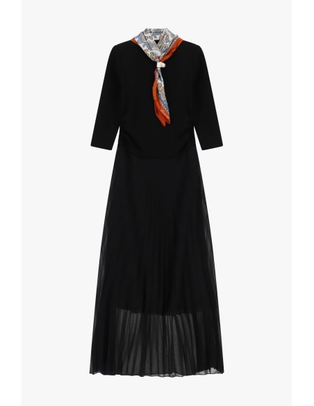 Vestido comprido com saia plissada e lenço estampado Dixie