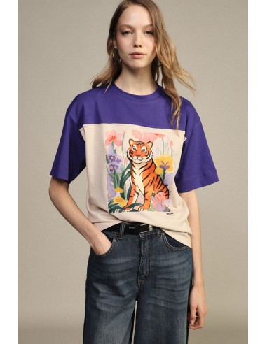 T-shirt com estampado de tigre e flores e mangas curtas Dixie