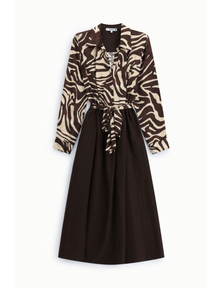 Vestido midi com estampado de zebra, cinto e gola clássica Please