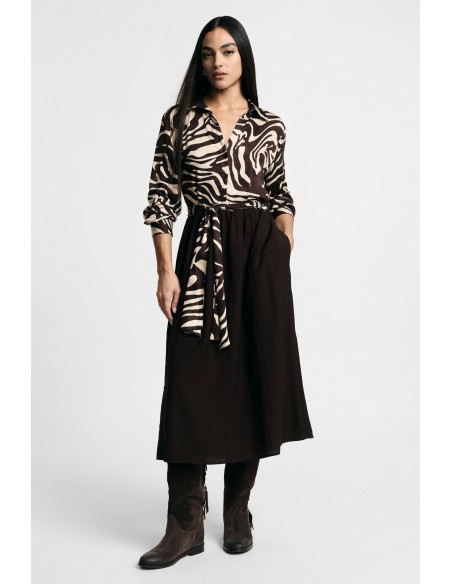 Vestido midi com estampado de zebra, cinto e gola clássica Please