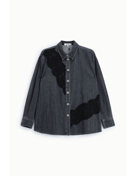 Camisa de ganga com inserções de renda e botões Please