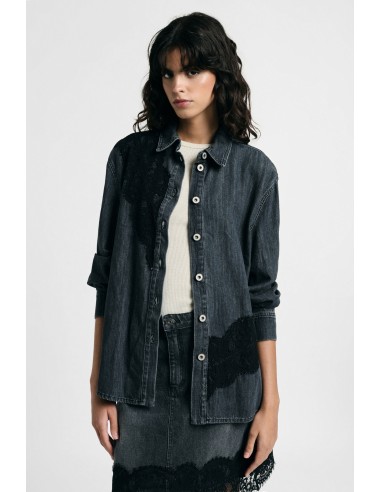 Camisa de ganga com inserções de renda e botões Please