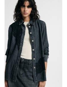 Camisa de ganga com aplicações de renda e botões Please