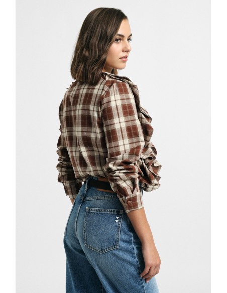 Camisa aos quadrados com folhos frontais Please