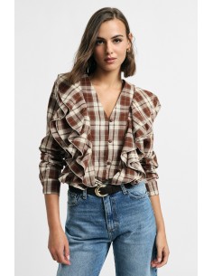 Camisa aos quadrados com folhos frontais Please