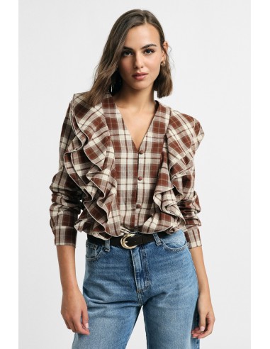 Camisa aos quadrados com folhos frontais Please
