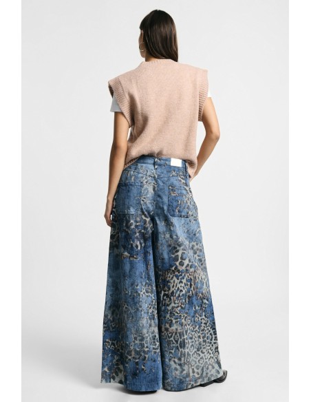 Jeans com padrão animal e perna muito larga, cintura média Please