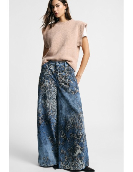 Jeans com padrão animalier, perna muito larga, cintura média Please