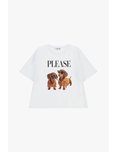 T-shirt de manga curta com estampado de cães e inscrição frontal Please