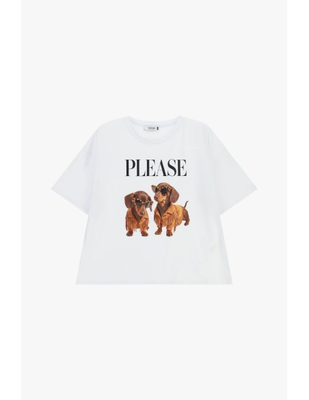 T-shirt de manga curta com estampado de cães e inscrição frontal Please