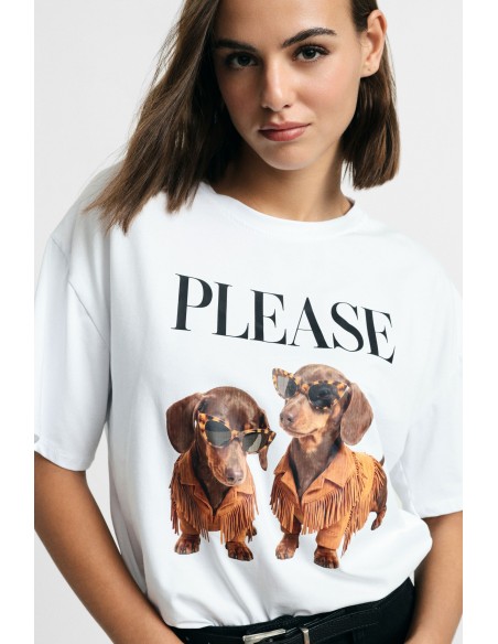 T-shirt de manga curta com estampado de cães e inscrição frontal Please