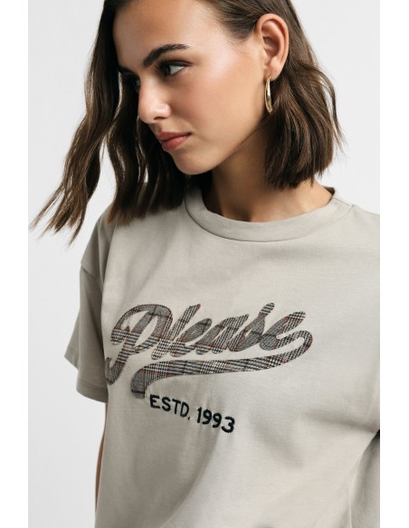 T-shirt larga de gola redonda com estampado frontal Please