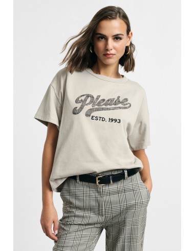 T-shirt larga de gola redonda com estampado frontal Please
