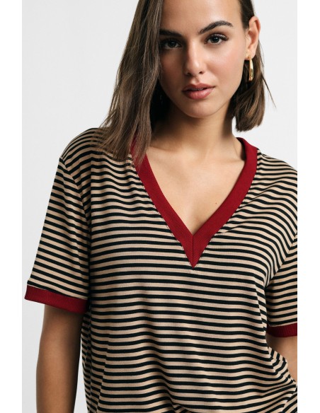 T-Shirt às riscas com decote em V e acabamentos em contraste Please