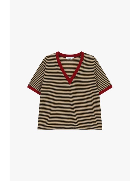 T-shirt às riscas com decote em V e perfis em contraste Please