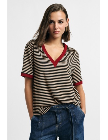 T-shirt às riscas com decote em V e acabamentos contrastantes, por favor