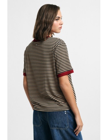 T-Shirt às riscas com decote em V e rebordos em contraste Please