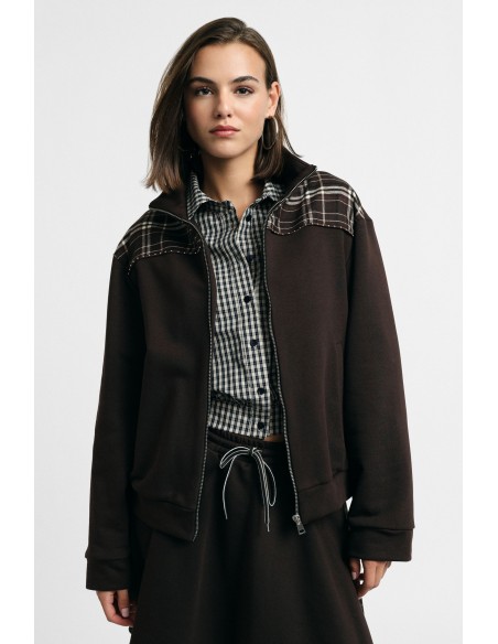Sweatshirt com fecho e inserções axadrezadas nos ombros, por favor