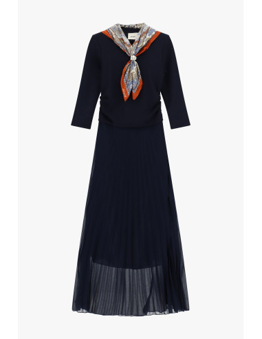 Vestido comprido com saia plissada e lenço estampado Dixie