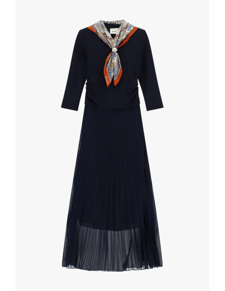 Vestido comprido com saia plissada e lenço estampado Dixie