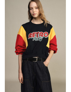 Sweatshirt cropped de gola redonda com mangas em blocos de cores, cor Dixie