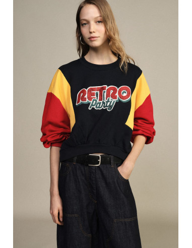 Sweatshirt cropped de gola redonda com mangas em blocos de cores, cor Dixie