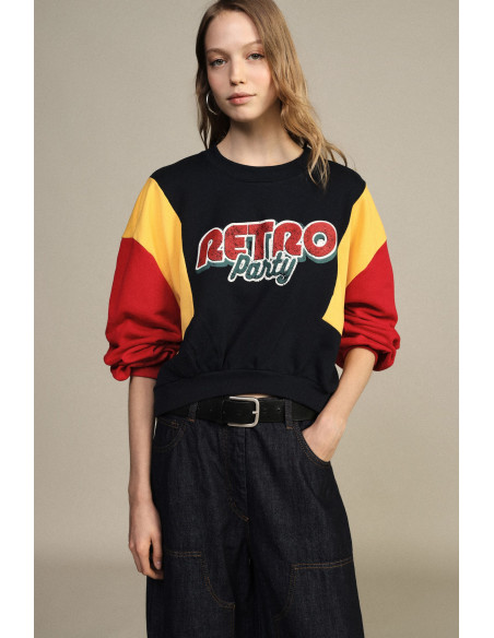 Sweatshirt cropped de gola redonda com mangas em blocos de cores, cor Dixie