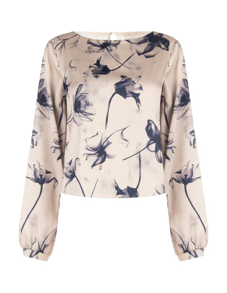 Blusa fluida em cetim com flores grandes Rinascimento