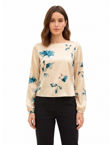 Blusa ampla e fluida em cetim com flores Rinascimento