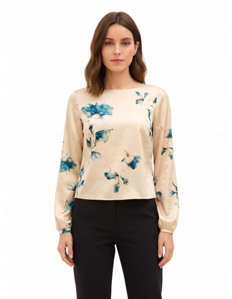 Blusa ampla e fluida em cetim com flores Rinascimento