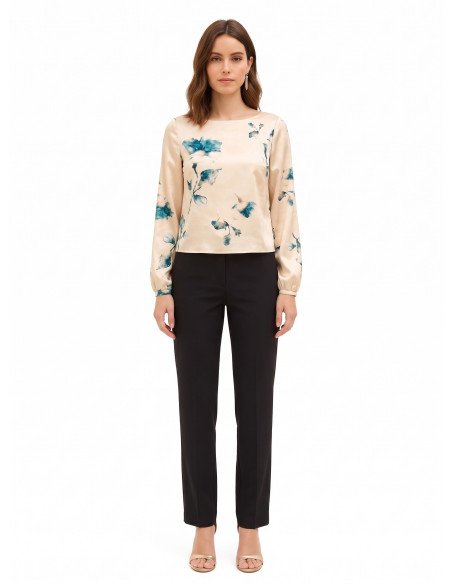 Blusa ampla e fluida em cetim com flores Rinascimento