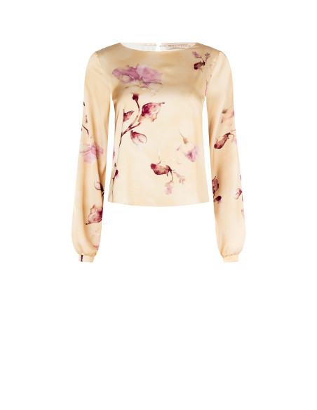 Blusa ampla e fluida em cetim com flores Rinascimento