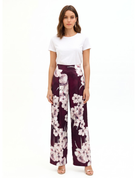 Calças palazzo em cetim com estampado floral e pregas Rinascimento