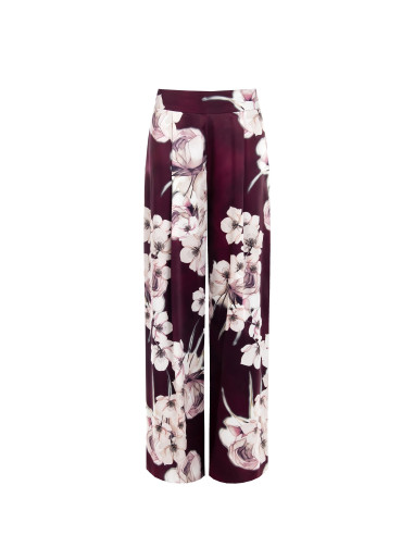 Calças palazzo em cetim com estampado floral e pregas Rinascimento