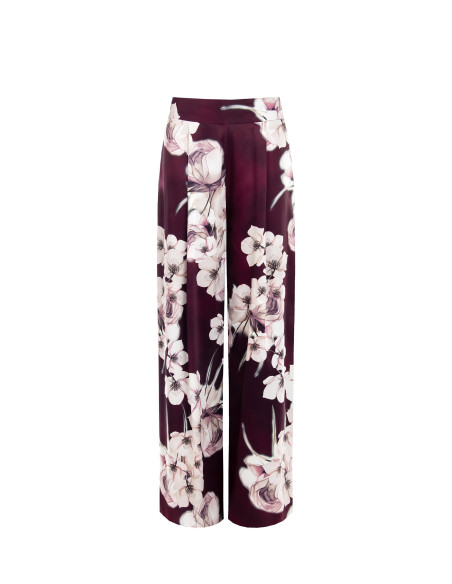 Calças palazzo em cetim com estampado floral e pregas Rinascimento