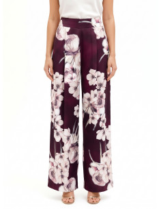 Calças palazzo em cetim com estampado floral e pregas Rinascimento