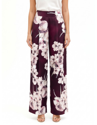 Calças palazzo em cetim com estampado floral e pregas Rinascimento