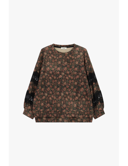 Sweatshirt de gola redonda com padrão floral e inserções de renda Dixie