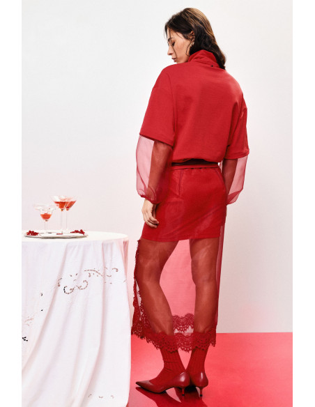 Saia midi com inserção de renda e detalhes transparentes Dixie