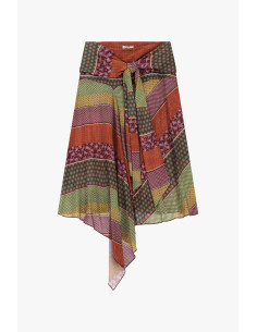 Saia midi fantasia patchwork com cinto atado Dixie