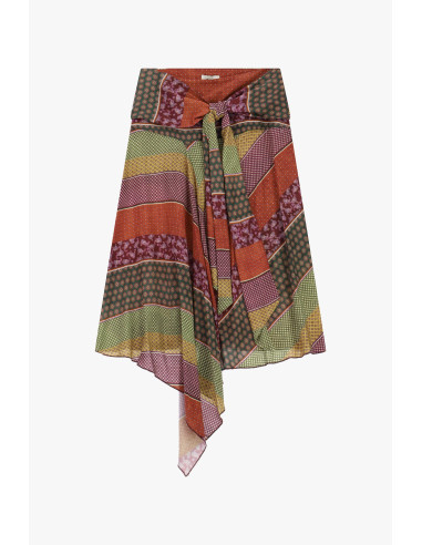 Saia midi fantasia patchwork com cinto atado Dixie