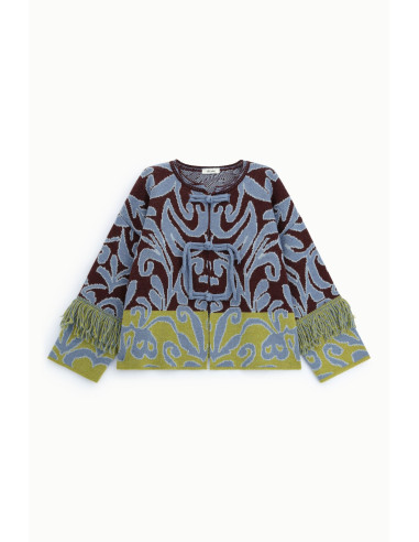 Cardigan jacquard com franjas e fecho com nó Dixie